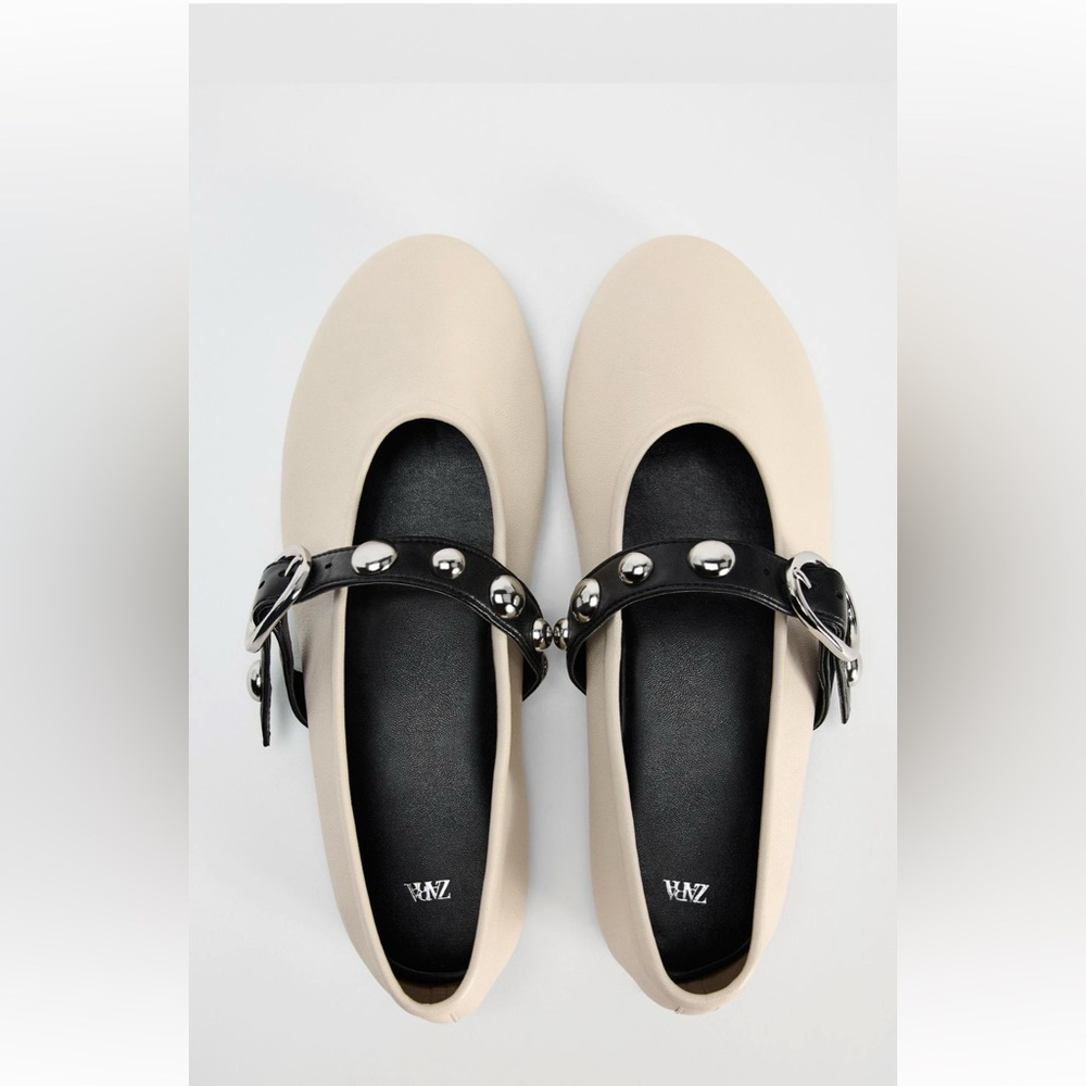 Zara Leather Studded Mary Jane Ballet Flats